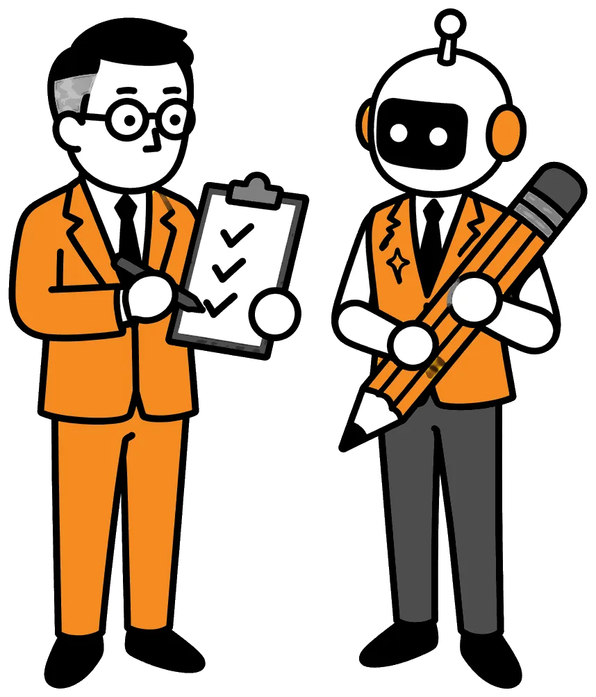 質問に答えていく社長と、大きな鉛筆を持って手伝うAIロボの絵